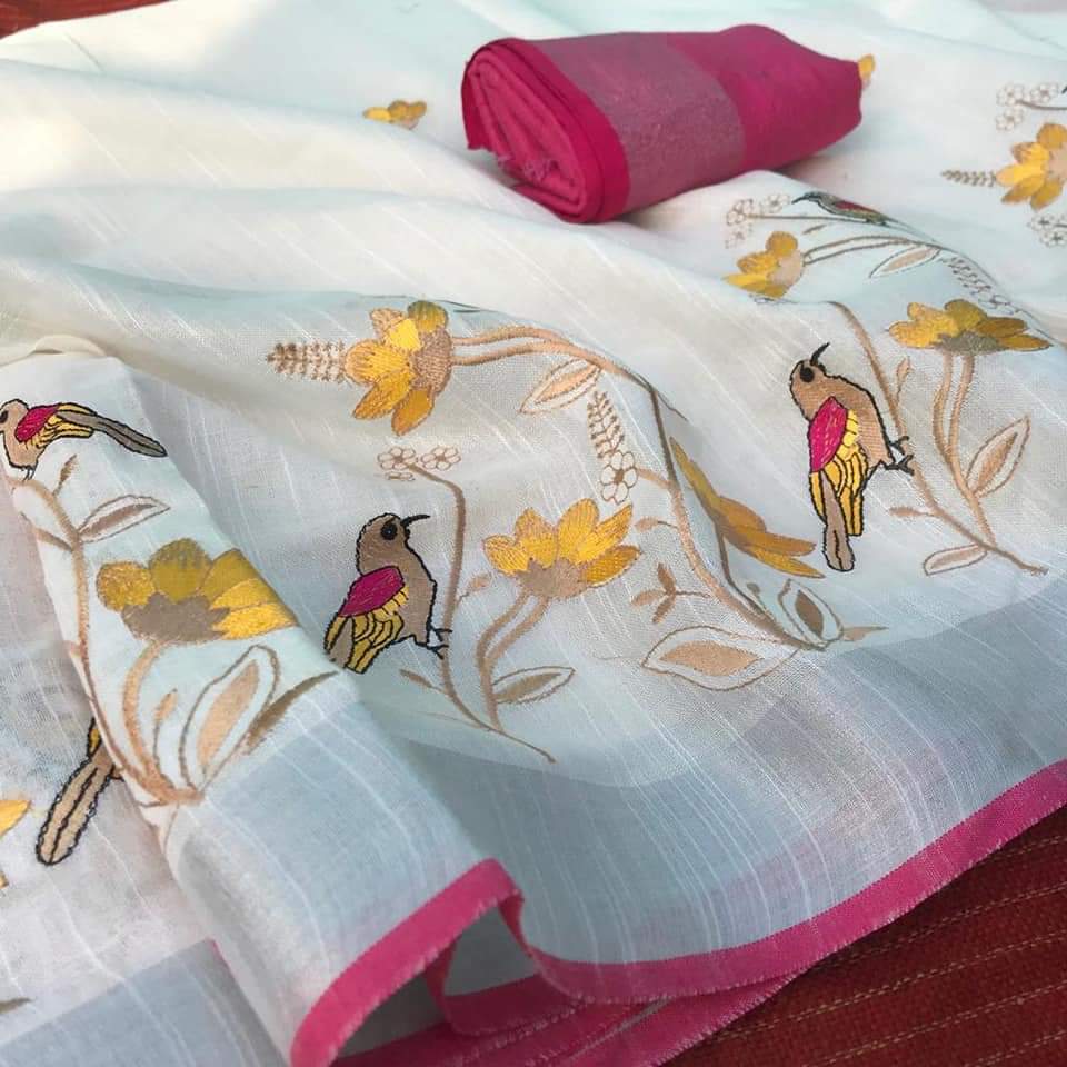 White Linen Silk with Bird and Floral Embroidery and contrast blouse