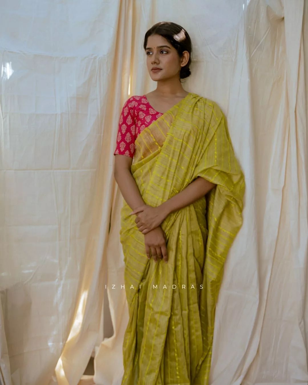 Yellow semi ghicha silk saree with flag striped