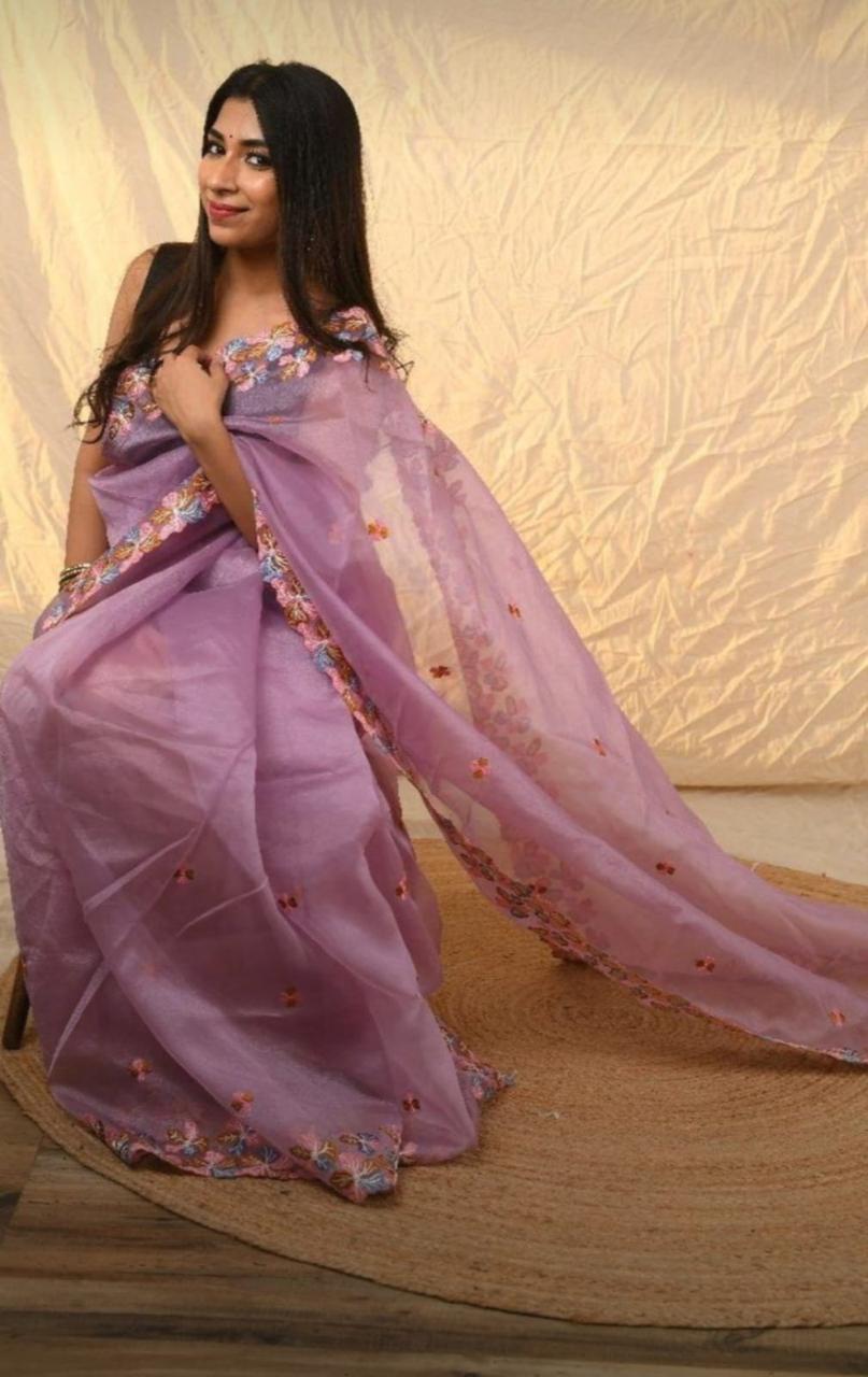 Purple Organza Pure Silk Embroidered Saree