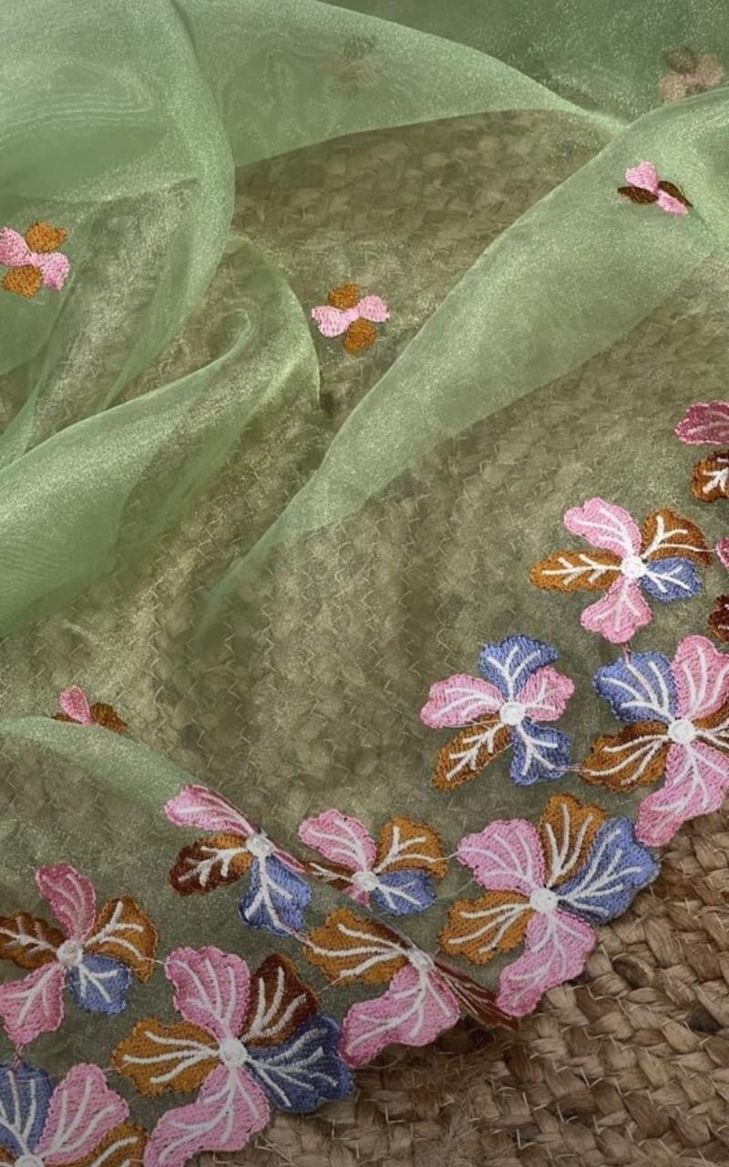 Light Green Organza Pure Silk Embroidered Saree