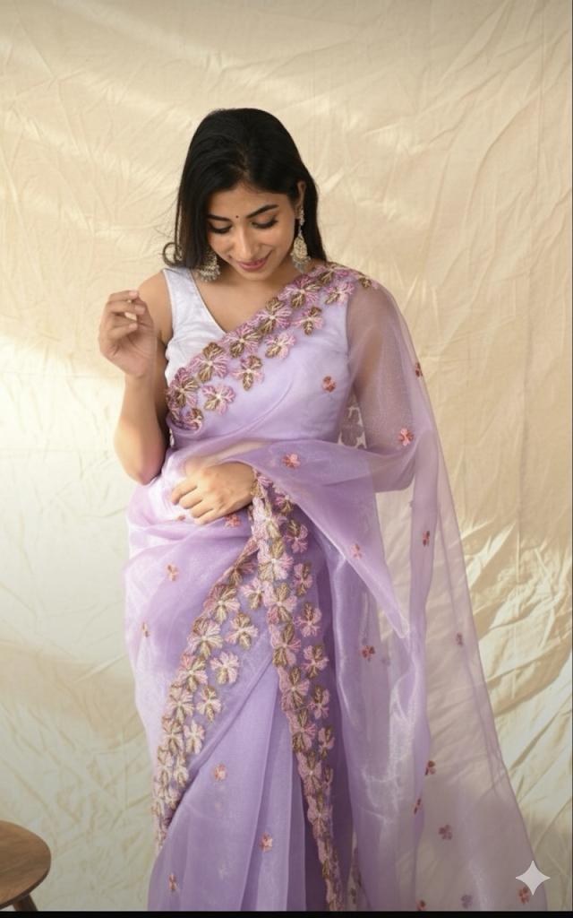 Lavender Organza Pure Silk Embroidered Saree