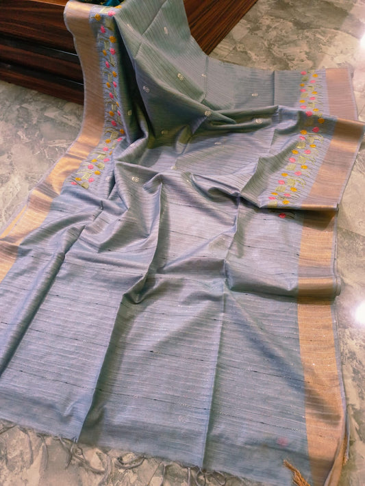 Gray Floral Embroidered & Striped Semi Tussar Silk Saree