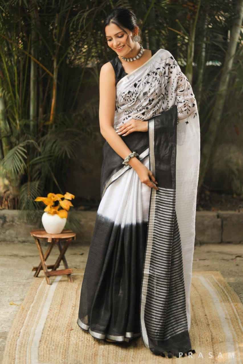 Dual-Tone Linen Silk Saree with Floral Embroidery