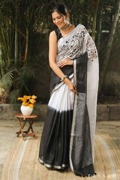 Dual-Tone Linen Silk Saree with Floral Embroidery