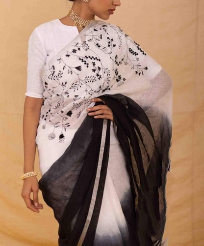 Dual-Tone Linen Silk Saree with Floral Embroidery