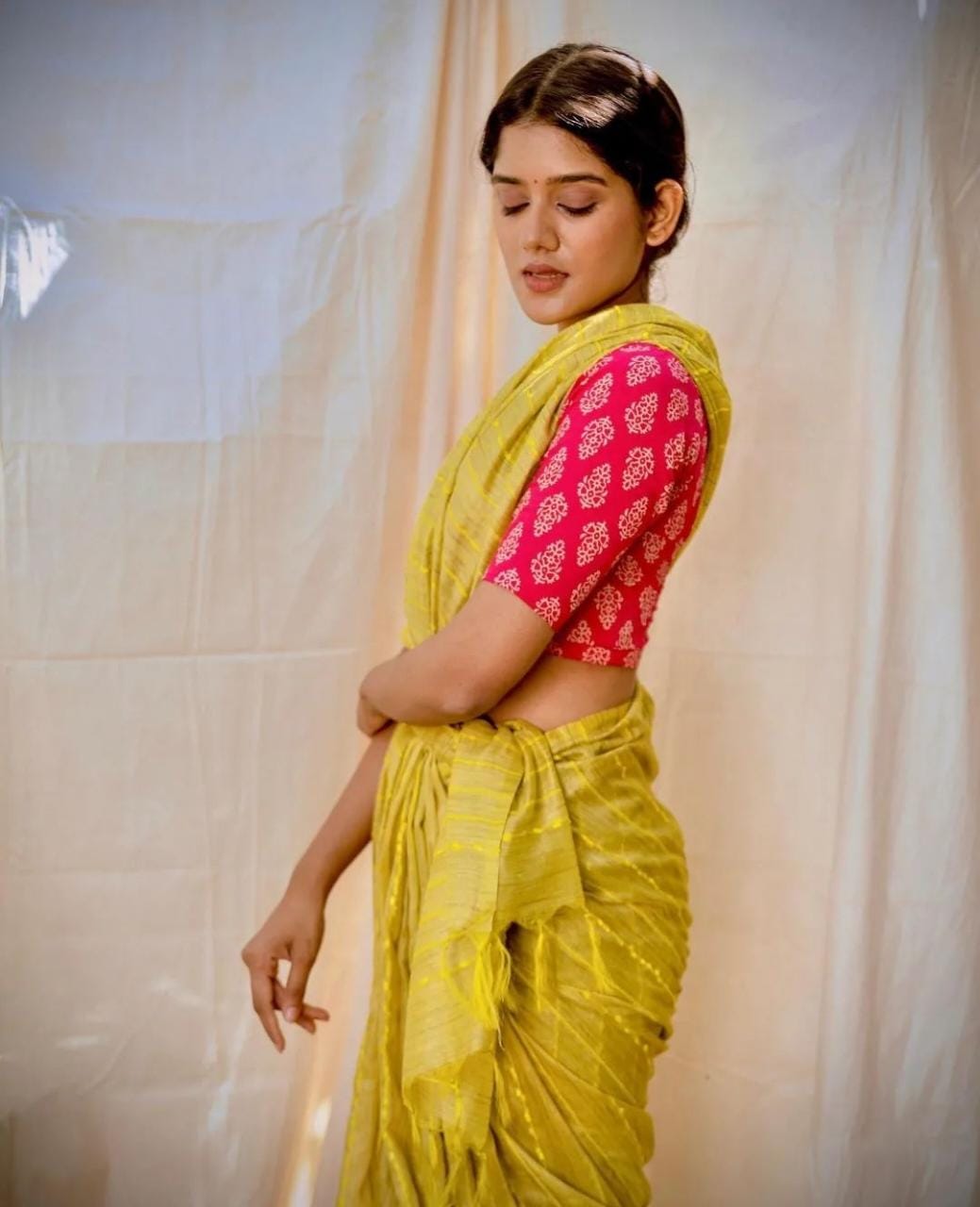 Yellow semi ghicha silk saree with flag striped