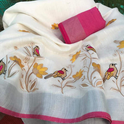 White Linen Silk  with Bird and Floral Embroidery and contrast blouse
