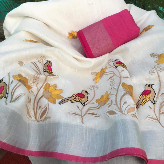 White Linen Silk  with Bird and Floral Embroidery and contrast blouse