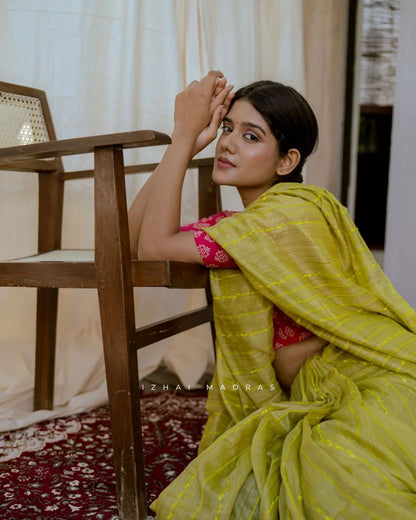 Yellow semi ghicha silk saree with flag striped