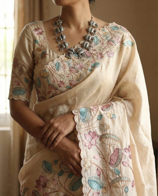 Handcrafted Tussar Silk Saree with Pastel floral work
