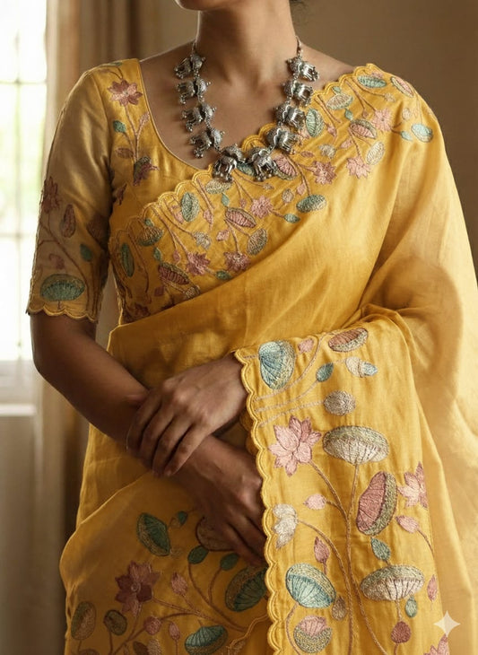 Yellow Handcrafted Tussar Silk Saree with Pastel floral work