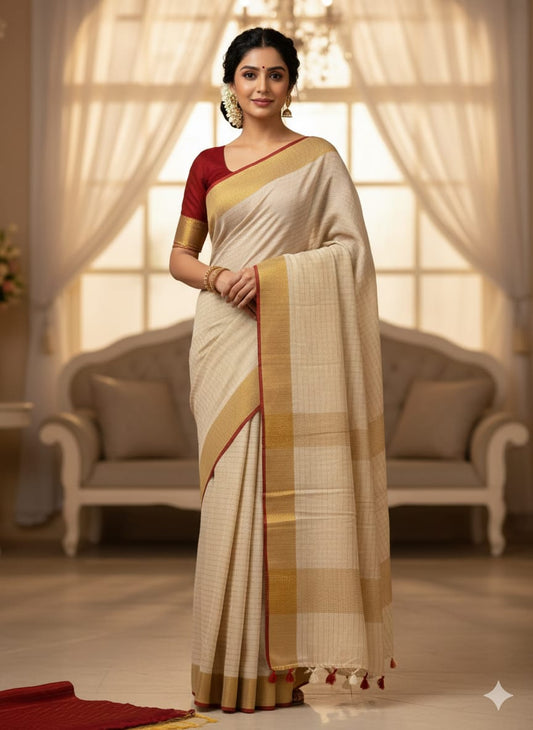 Linen Silk Saree - Trendy Contrast Blouse.