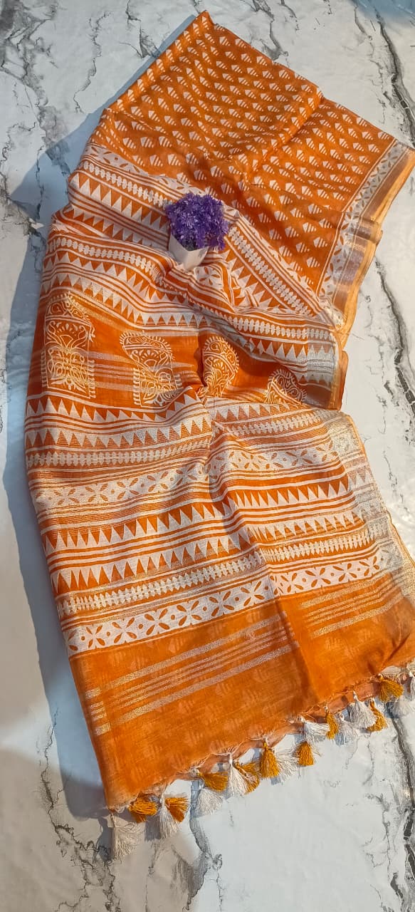 Orange Bhagapuri Cotton Silk Printed Saree with Blouse Piece