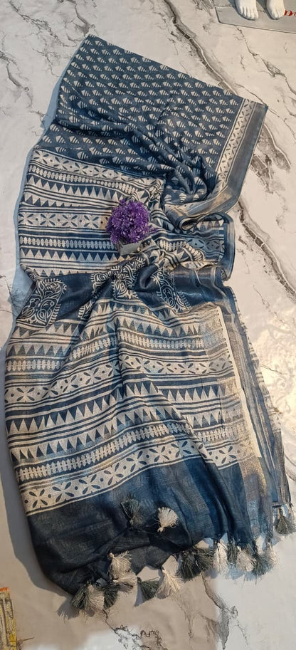 Bhagapuri Cotton Silk Printed Saree with Blouse Piece