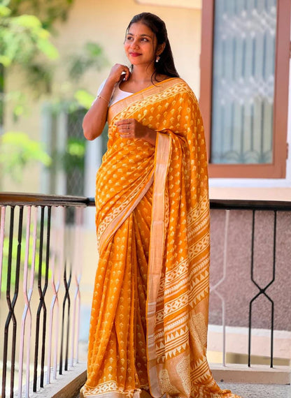 Orange Bhagapuri Cotton Silk Printed Saree with Blouse Piece