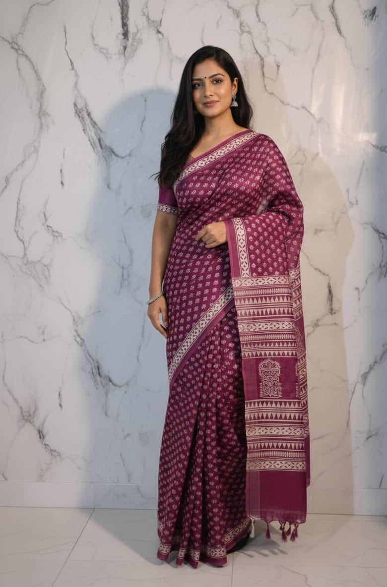 Bhagapuri Cotton Silk Printed Saree with Blouse Piece