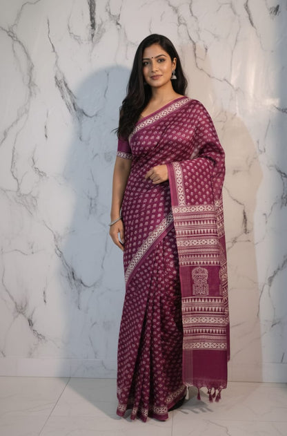 Bhagapuri Cotton Silk Printed Saree with Blouse Piece
