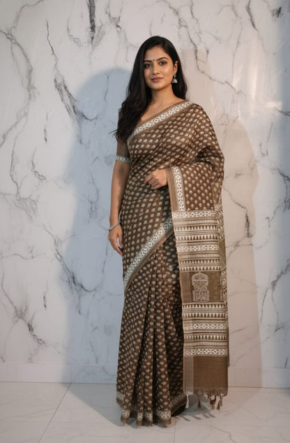 Bhagapuri Cotton Silk Printed Saree with Blouse Piece