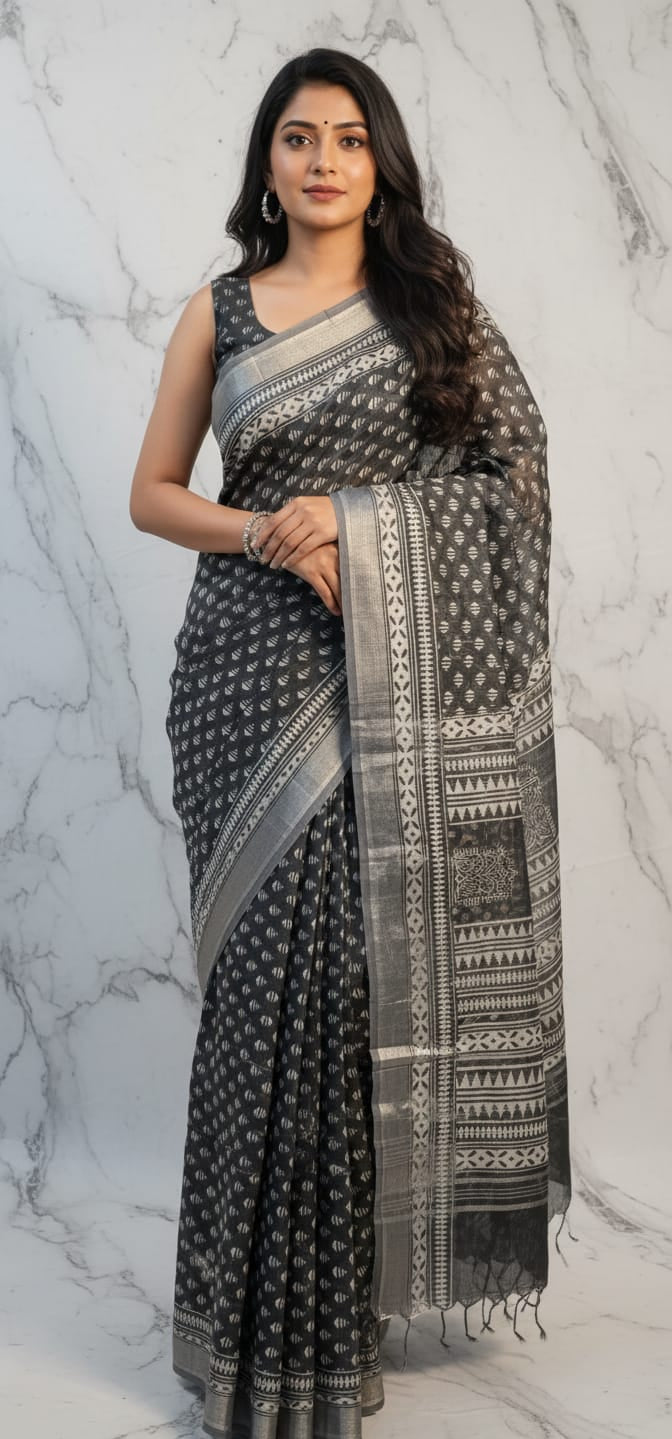 Bhagapuri Cotton Silk Printed Saree with Blouse Piece