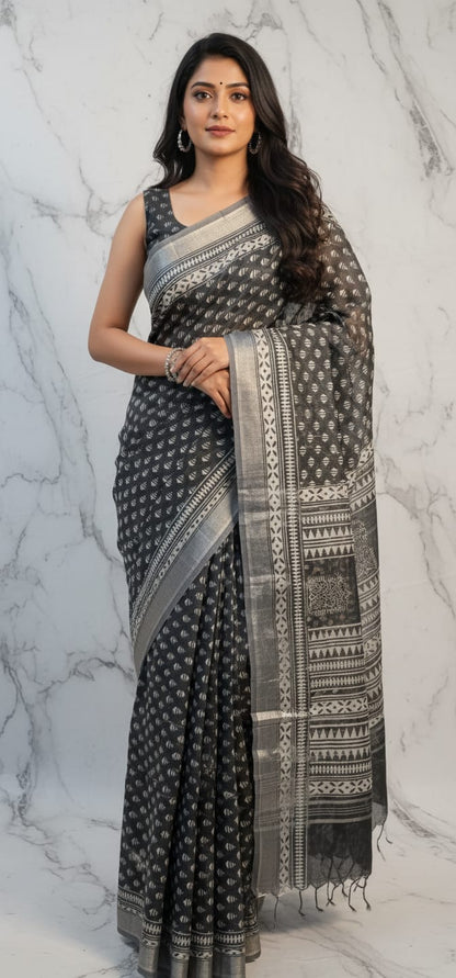 Bhagapuri Cotton Silk Printed Saree with Blouse Piece