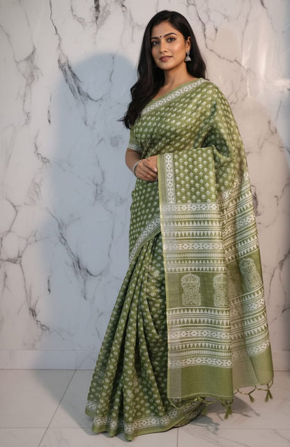 Bhagapuri Cotton Silk Printed Saree with Blouse Piece