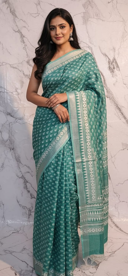 Bhagapuri Cotton Silk Printed Saree with Blouse Piece