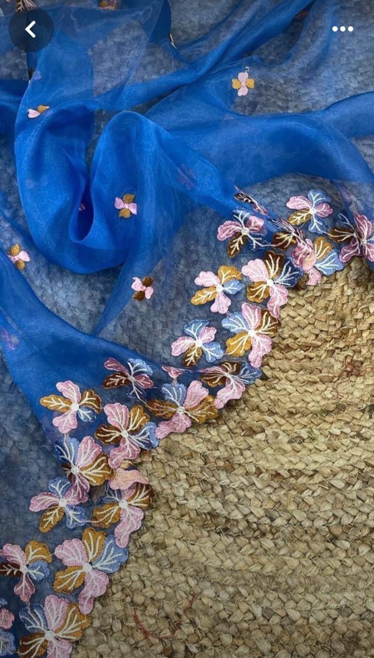 Blue Organza Pure Silk Embroidered Saree,