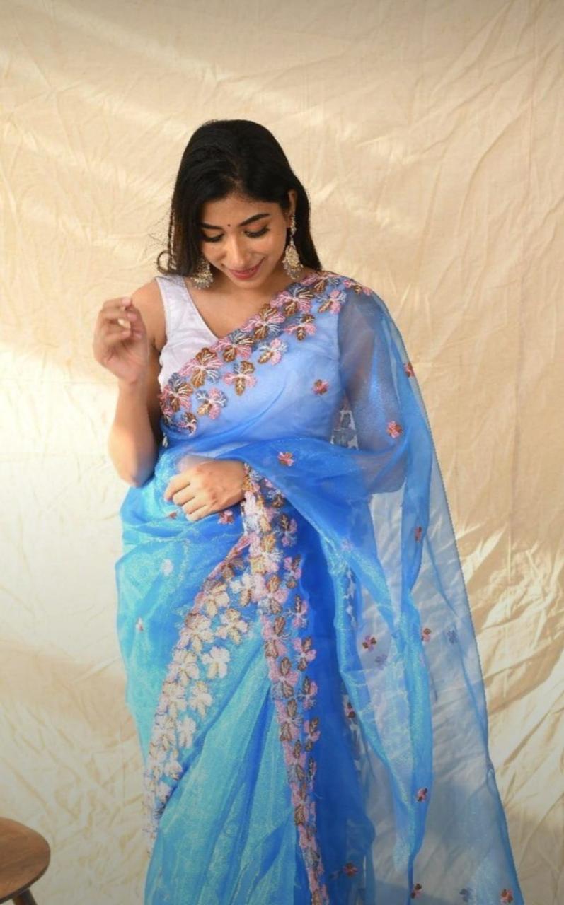 Blue Organza Pure Silk Embroidered Saree,
