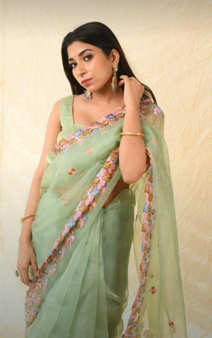 Light Green Organza Pure Silk Embroidered Saree