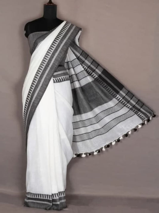 White Linen Silk Saree Temple Border
