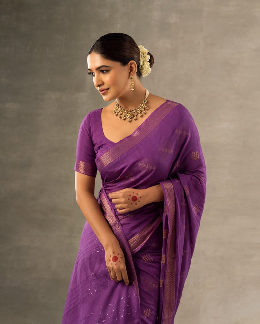 Purple Semi Tussar Silk saree Zari woven