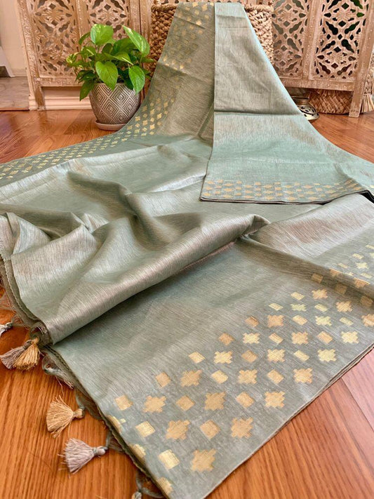 Silk Linen Saree with Golden Zari Cutwork